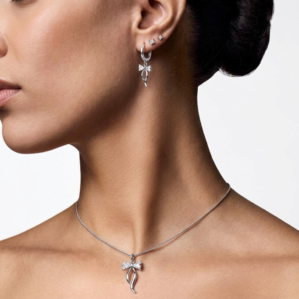 Sparkle bow jewellery set - Combo - minimal everyday jewellery, anti tarnish gold jewellery - View 4